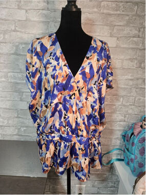 Women's Nine West Blouse XXL Blue Orange Abstract Print